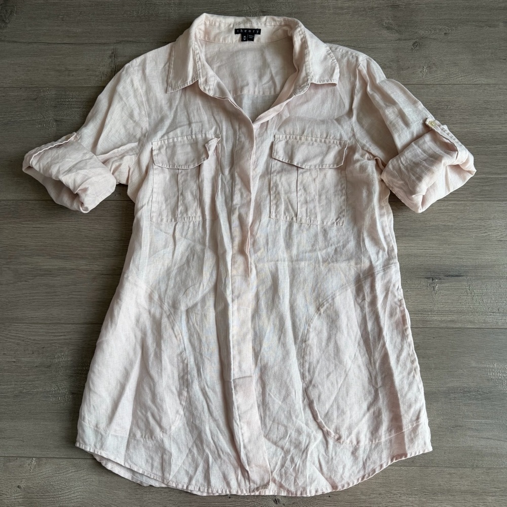 Theory light pink button down linen shirt - size medium EUC
